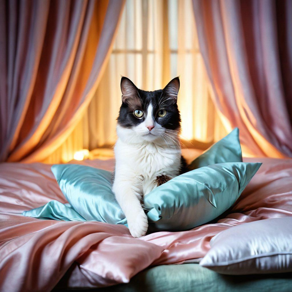 A whimsical, enchanting scene featuring a playful cat surrounded by soft, pastel-colored pillows and luxurious fabrics, hinting at sensuality. The cat is playfully pouncing on a feather teaser, with a sultry, mysterious ambiance created by dim, warm lighting and shadows. Incorporate elements like flowing silk curtains and blooming flowers in the background, enhancing the atmosphere of feline energy and allure. painting. soft pastel colors. warm lighting.