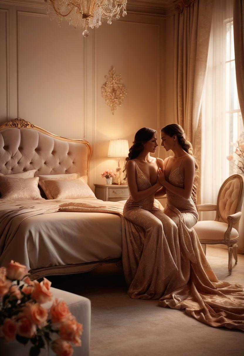 A sultry, intimate setting with soft candlelight casting warm shadows, featuring a couple engaged in playful interaction, surrounded by luxurious fabrics and delicate flowers. The atmosphere whispers romance and allure, with a hint of mystery in the air. Incorporate elements like champagne glasses and a softly lit bedroom in the background. dreamy, romantic art style. warm tones. 3D.