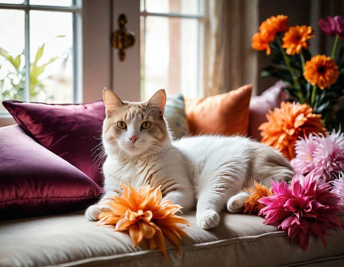 A playful and elegant cat lounging in a sunlit, luxurious room filled with soft cushions and silks, surrounded by hints of sensuality like delicate feathers and vibrant flowers. The cat's eyes sparkle with mischief as it gazes intriguingly at the viewer, evoking a sense of passion and freedom. The setting has rich, vibrant colors to enhance the mood of intimacy and exploration. super-realistic. vibrant colors. cozy ambiance.